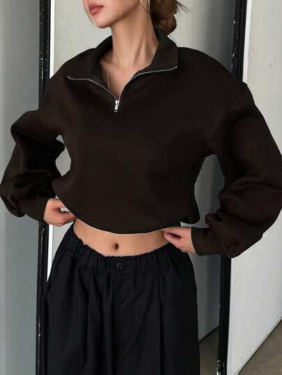 DAZY Sudadera casual de mujer de unicolor con cremallera hasta la mitad y cordón ajustable en el bajo, para otoño/invierno