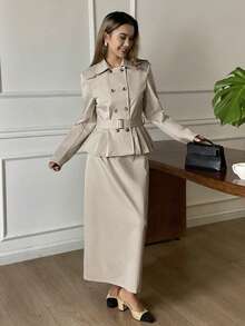 DAZY 2 pièces Ensemble veste et jupe femme à double boutonnage, manches longues