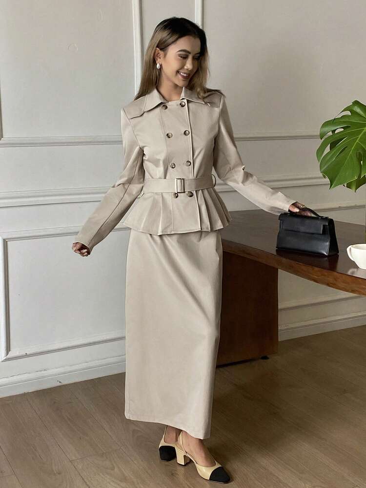 2pcs Women Double-Breasted Long Sleeve Jacket And Skirt Set