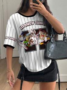 LOONEY TUNES X SHEIN 女士条纹卡通图案圆领短袖T恤 - 白色 - 查看 7