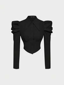 SHEIN MOD 女士纯色不对称下摆长袖上衣和高腰格子印花半裙优雅两件套 - 黑色 - 查看 3