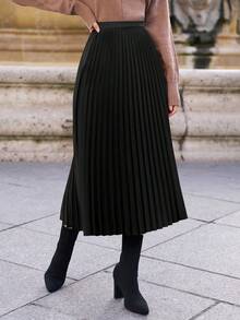 SHEIN Frenchy 女士优雅纯色百褶A字裙，适合通勤 - 黑色 - 查看 3