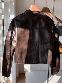 Comfortcana Women Striped Long Sleeve Casual Brown Faux Leather Motorcycle Cropped Jacket, Autumn - Brown - View 2