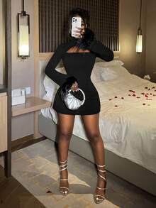 Slaydiva Váy dài tay hở vai bằng lông giả màu trơn gợi cảm dành cho nữ - màu đen - Xem 5
