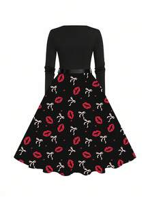 EMERY ROSE Plus Size Women's 1950s Vintage Square Neck Long Sleeve Cinched Waist Dress, Black And Red Lip Print Autumn Party Valentines Day Outfit - Black - View 2