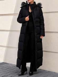 CLARA VERO Women Fake Fur Hooded Long Winter Coat - Black - View 3