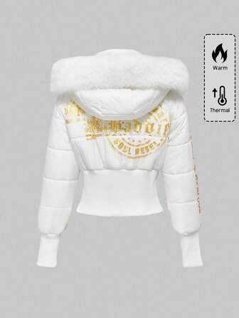 Y2K Kpop Metallic Vintage Faux Fur Collar Short Winter Padded Coat For Women