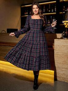 Ellevyn Đầm midi cổ vuông tay bèo nhún họa tiết kẻ caro cổ điển cỡ lớn cho nữ, mùa xuân/thu - màu đen - Xem 5