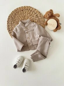 Ensemble chemise à manches longues et pantalon à taille élastique casual et mignon pour bébé garçon, couleur abricot - Kaki - Voir 5