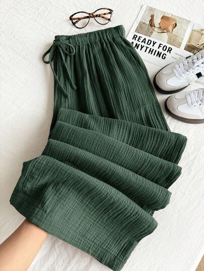 Comfortcana Summer Solid Crinkle Texture Loose Draw-String Tie-Up Waist 100% Cotton Casual Wide-Leg Pants, Plus Size Women Wide Leg Pants Cotton Pants,Back To School