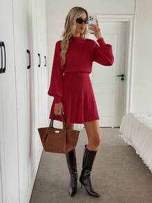 Easowa High Collar Lantern Sleeve Cinched Waist A-Line Midi Knit Dress, Casual Relaxed Elegant Office Lady Sweater Dress - Red - View 4