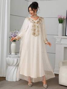 Al Najma Elegant & Romantic V-Neck Batwing Dress, Spring/Summer Kaftan Jalabiya Dress - Apricot - View 8