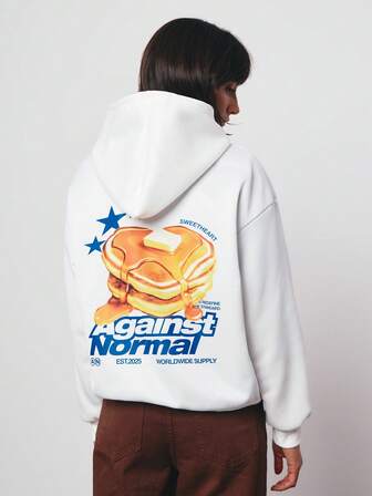 SURIMA Casual White Minimalist Printed Pattern Hooded Loose Fit Thick Sweatshirt For Women