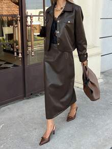 DAZY Women's Casual Solid Color PU Leather Pocket Jacket And A-Line Skirt 2-Piece Set, Autumn - Brown - View 5
