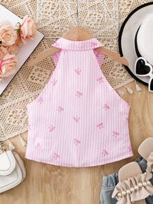 少女夏季休闲条纹蝴蝶结印花露背衬衫