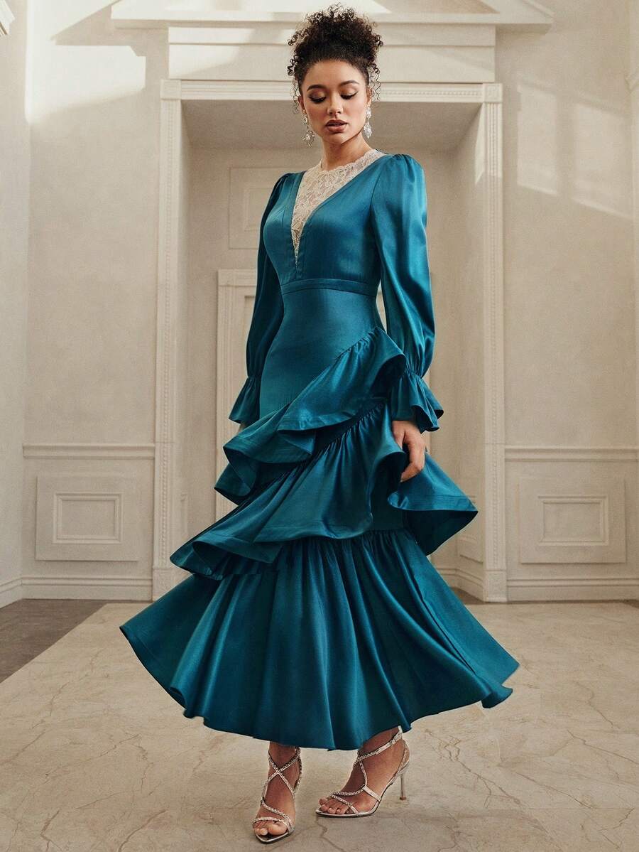 Anewsta New Elegant Vintage Contrast Lace Fishtail Hem Maxi Dress - Royal Blue - View 1