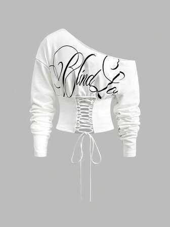 ROMWE Avant Casual Streetwear Graphic Oblique Shoulder Cropped Loose Sweatshirt