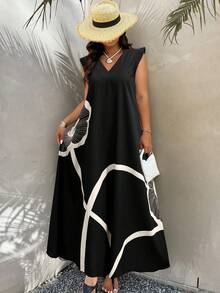 SHEIN LUNE CURVE Váy Maxi Chữ A Họa Tiết Hoa Màu Đen Cỡ Lớn, Váy Maxi Mặc Đi Nghỉ Thường Ngày, Xuân/Hè - màu đen - Xem 3