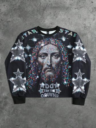 Street Life Felpa girocollo a maniche lunghe da uomo per primavera, autunno e inverno, con stampa religiosa di Gesù con strass, adatta per l'abbigliamento casual e le riunioni