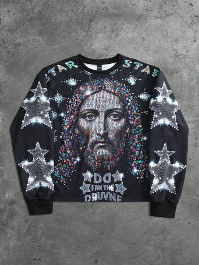 Street Life Sweat-shirt à col rond à manches longues pour hommes, pour le printemps, l'automne et l'hiver, avec un imprimé religieux de Jésus orné de strass. Convient pour le port de tous les jours et les rassemblements