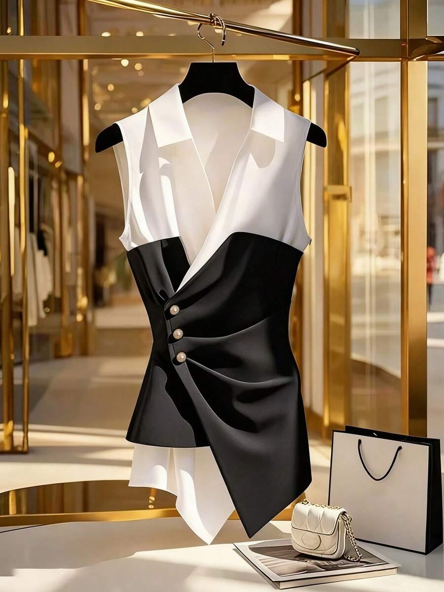 GlowEve Camiseta sin mangas de mujer con cuello en V plisado, ajustada y con bajo asimétrico para la oficina y el trayecto, de dos tonos - Blanco y Negro - Ver 1