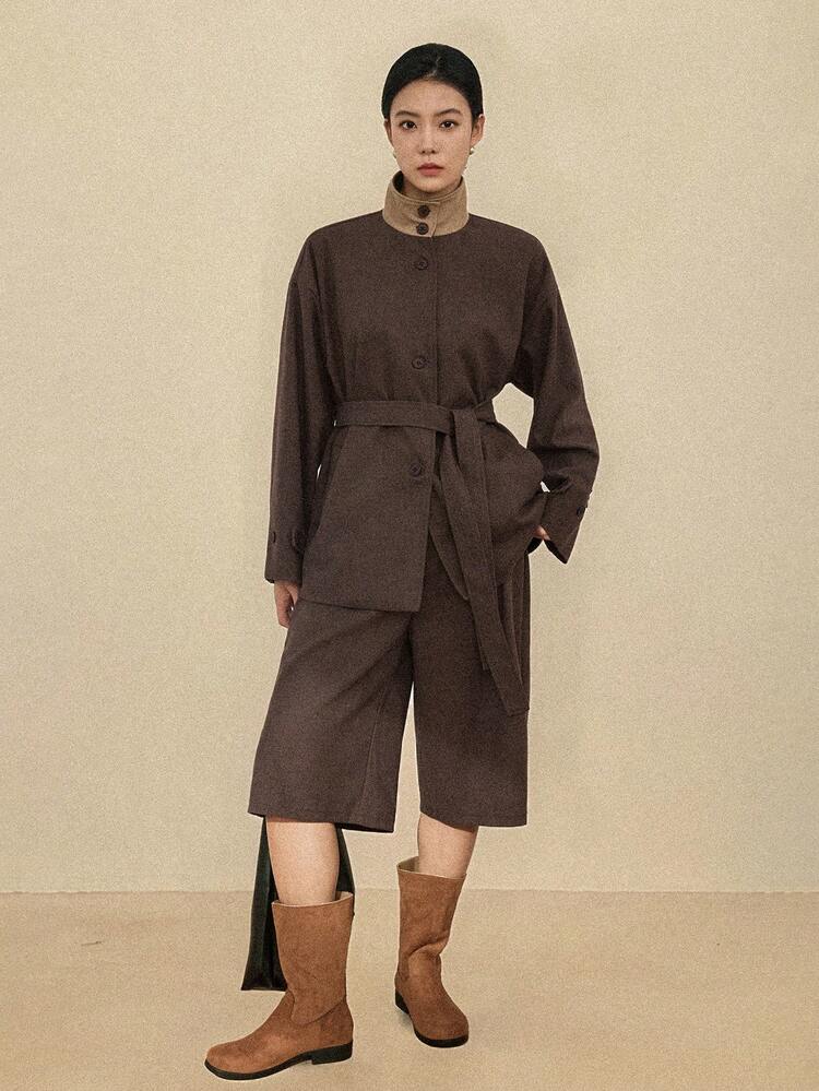 Women's Loose Business Casual Fashion Street Elegant Brown New Year Christmas Design Patchwork Cardigan And Straight Leg Pants 2 Pieces Set, Suitable For Autumn And Spring