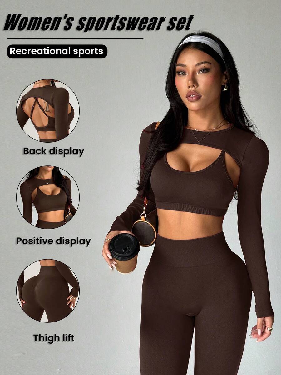 Dewbera Women's Solid Color Long Sleeve Top + Camisole + High Waist Pants Sports Suit - Coffee Brown - View 1