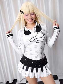 Y2Kool Maria Clara Maia Black & White Contrast Color Disc Music Headphone Heart Graphic Y2K Casual Street Chic Women's Polo Collar Long Sleeve Top, Suitable For Parties, Holidays, And Daily Wear Cutecore Gyaru Cute Aesthetic Anime Anime Women Emo For Women Anime For Women Springs Women Birthday For Women Carnival - Black and White - View 5