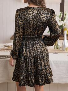 Lyxana Women's Autumn/Winter Leopard Print V-Neck Long Sleeve Waist Cinched A-Line Dress, Shiny Gold Tone, Party Style - Multicolor - View 7