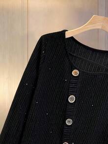 GlowEve Tricou damă cu guler rotund, mânecă lungă, nasturi în față, casual, versatil - Negru - Vizualizare 3