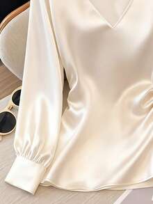 GlowEve Áo cánh xếp ly cổ chữ V bằng vải satin trơn màu mới dành cho nữ, phù hợp để đi làm, đi tiệc và đi chơi - trắng - Xem 3