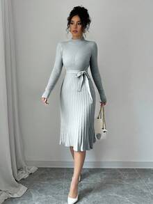 Rafferiza Solid Color Stand Collar Raglan Sleeve Knit Minimalist Flared Dress - Light Grey - View 4