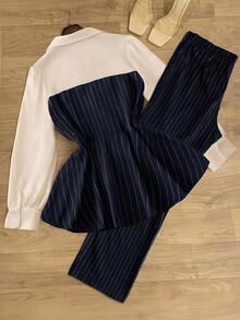 SHEIN Clasi Setelan Elegan 2 Potong Atasan Lengan Panjang dan Celana Panjang Motif Garis-Garis Warna Kontras Ukuran Plus - Navy Blue - View 2
