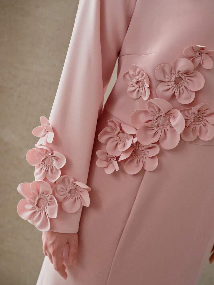 VESTIDO DE MANGA LARGA CON DECORACIÓN FLORAL 3D Y BAJO DE COLA DE SIRENA PARA MUJER TALLA GRANDE