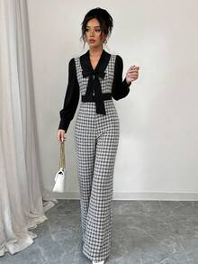 SHEIN Elenzya 优雅浪漫撞色拼接收腰连体裤（女款） - 黑與白 - 查看 5