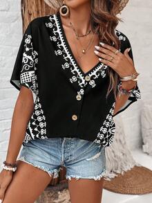 SHEIN LUNE Women's Printed Deep V-Neck Batwing Sleeve Shirt - Multicolor - View 6