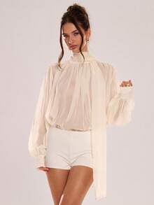 Avenya 夸张褶裥立领长领衬衫，性感轻薄透视上衣搭配优雅围巾，简约休闲办公衬衫，高端百搭宽松灯笼袖宫廷风衬衫，时尚拼接袖口设计，肯达尔风格，是新年、优雅、时尚、正式和外出场合的理想之选。 - 杏色 - 查看 4