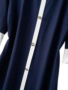 SHEIN Clasi Plus Size Color Block Trim Round Neck Button Elegant Fashion Dress Fall - Blue - View 7
