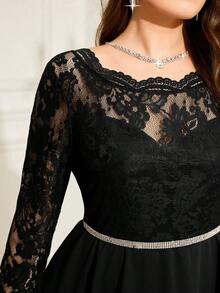 Gownix Plus Size Olive Green Lace Patchwork A-Line Autumn Dress, Suitable For Parties/Carnivals - Black - View 4