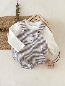 SHEIN 2pcs/Set Baby Boys Round Neck Long Sleeve White T-Shirt + Striped Bib Pants With Bear Embroidery And Pockets Bodysuit, Casual Retro Cute Outfit, Suitable For Spring/Autumn Outings Or Vacation - Black and White - View 1