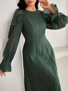 Veilorie Women's Elegant Party Solid Color Bell Sleeve Arabic Style Dress - Green - View 7