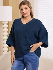 Rosumi Plus Size Women Casual V-Neck Loose Batwing Sleeve Blouse, Suitable For Daily Commute Blue Top Summer Oversized Top Valentine's Day, Mother , Comfortable And Casual Beach Spring Breaks Holidays For Women,Vacation - Blue - View 5