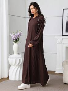 SHEIN Najma Váy dài tay đính nút vải dệt kim viền loe phong cách Ả Rập cho nữ, mùa thu/đông - Cà phê nâu - Xem 4