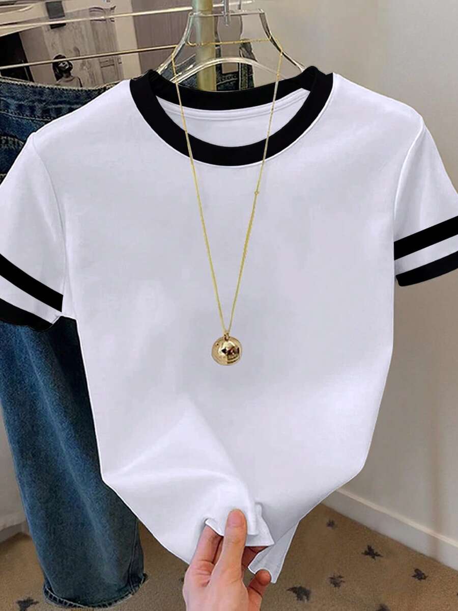 Resyla Plus Size Contrast Trim Round Neck Casual Versatile Summer Short Sleeve T-Shirt - White - View 1
