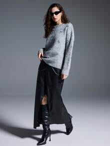 MYSTAURA Embellished With Beads & Sequins Round Neck Versatile Women Long Sleeve Knit Sweater - Grey - View 3