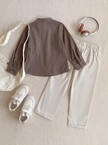 PrepCrw 2pcs/Set Boys' Collegiate Style Logo Embroidered Collar Long Sleeve Shirt And Long Pants Outfit - Multicolor - View 2