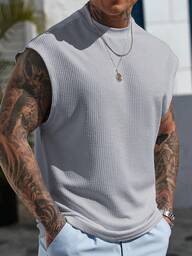 Manfinity CasualCool Men's Casual Solid Color Ribbed Tank Top, Summer Daily Wear Europe Summer Outfits For Men Set Sleeveless Tee Mens Sleeveless T-Shirt Mens Sleeveless Outfits