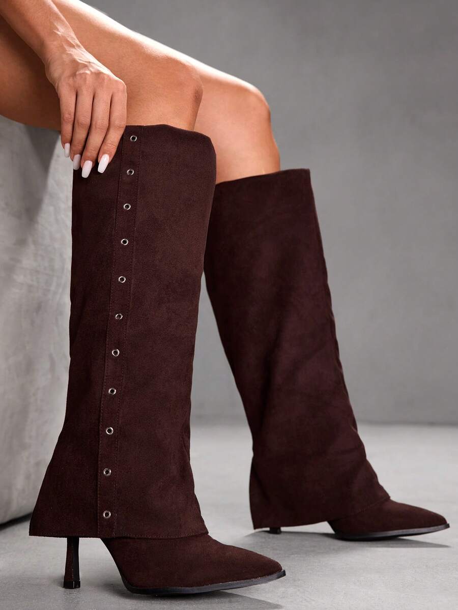 CUCCOO SZL 女士尖头镂空设计时尚百搭高跟过膝长靴，适合日常穿着 - 咖啡棕 - 查看 1