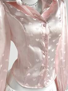 Elamini 女士粉色衬衫，优雅适合秋冬季节，百搭实用，适合日常通勤、休闲场合、情人节穿着，心形提花缎面，泡泡袖 - 粉色 - 查看 4