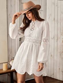 Wildy American Casual Country Style Women's Autumn/Winter Basic Everyday Outfit Lace Patchwork Embroidered Long Sleeve Mini Dress - White - View 7